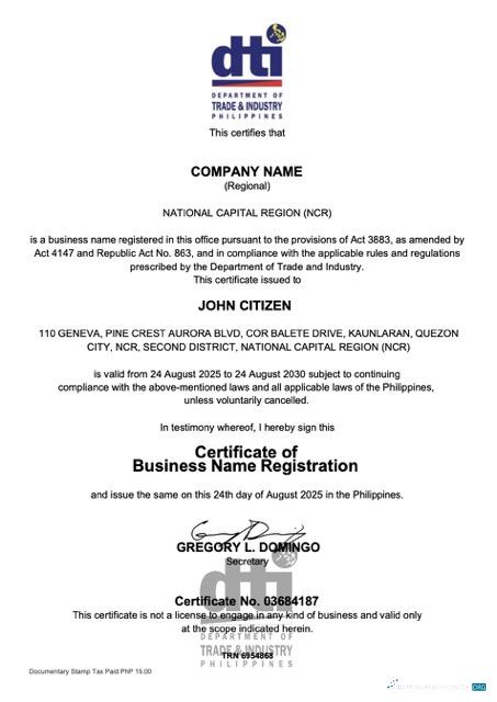 Philippines certificate of business name registration Word and PDF version 2